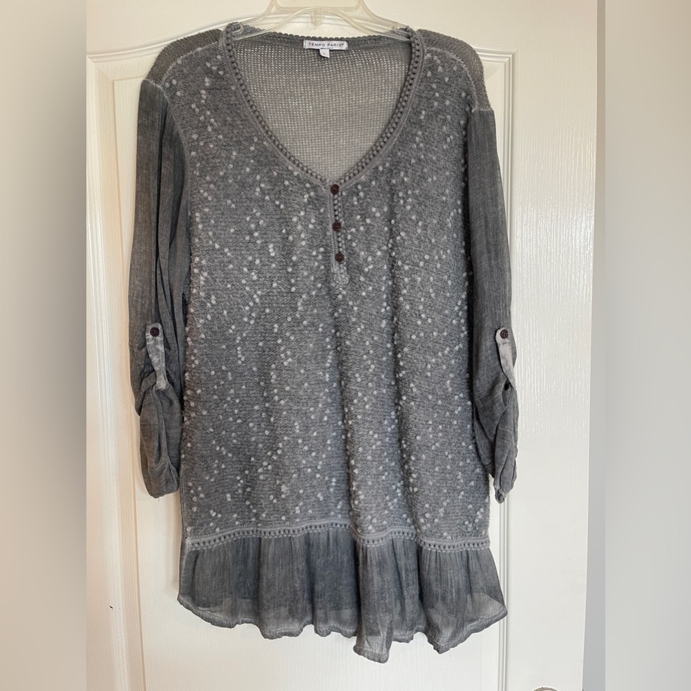 Tempo Paris Women’s Knit Gray Boho Top Tunic Size Large